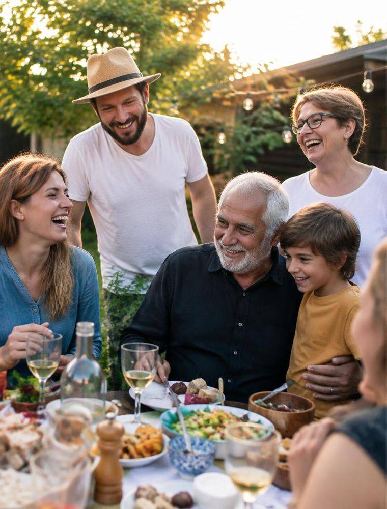 A multigenerational family gathered around an outdoor table